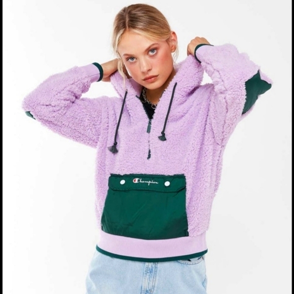 Champion For‎ Urban Outfitters Sherpa Jacket 1/4 Zip Teddy Pullover Hoodie - Picture 1 of 7